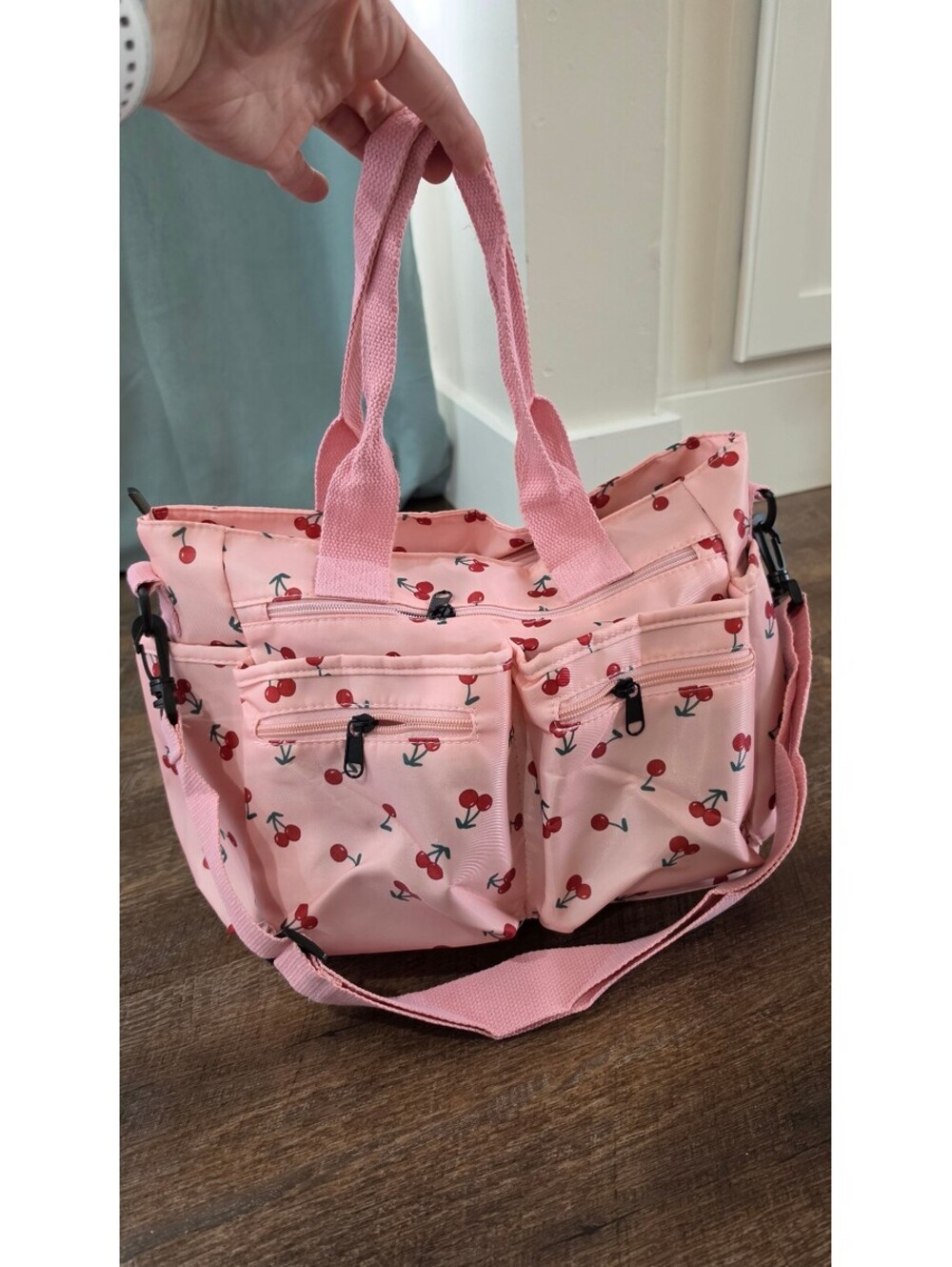 Pink Cherry Print Large Tote Shoulder Bag with Multiple Zip Pockets